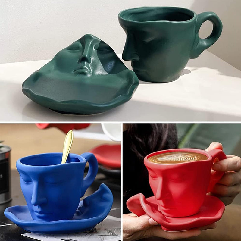 Norvo | Metal Touching Face Creative Ceramic Kiss Kaffekopp, Kunstnerisk Vibe Krus & Tallerken Sett