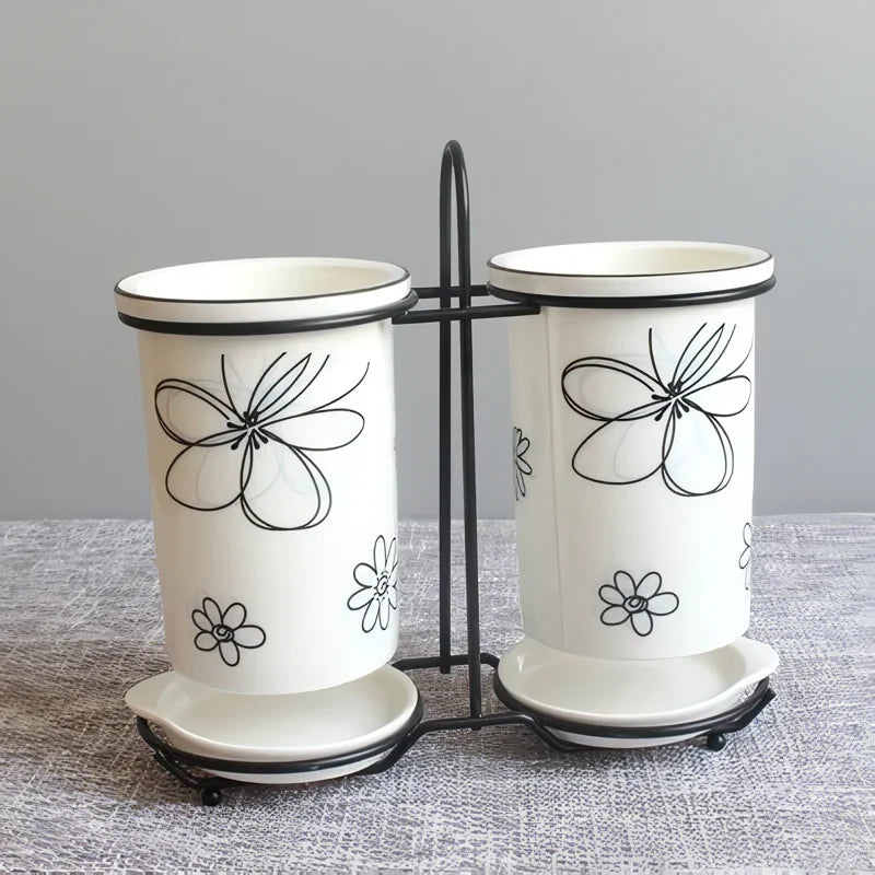 Norvo | Keramisk spisepinne- og redskapsoppbevaringssett med avrenningsstativ