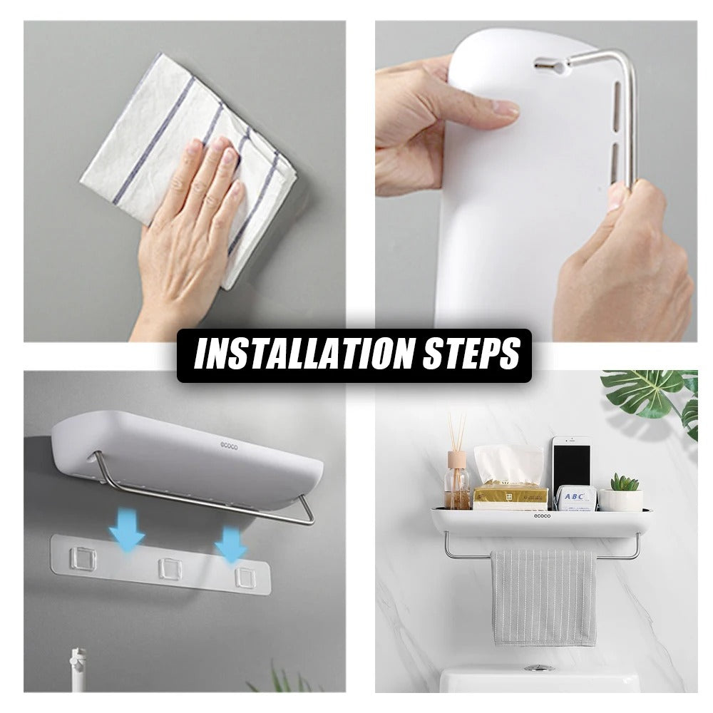 Norvo | Veggmontert dusjlagringshylle uten boring – med håndkleholder og dreneringshull