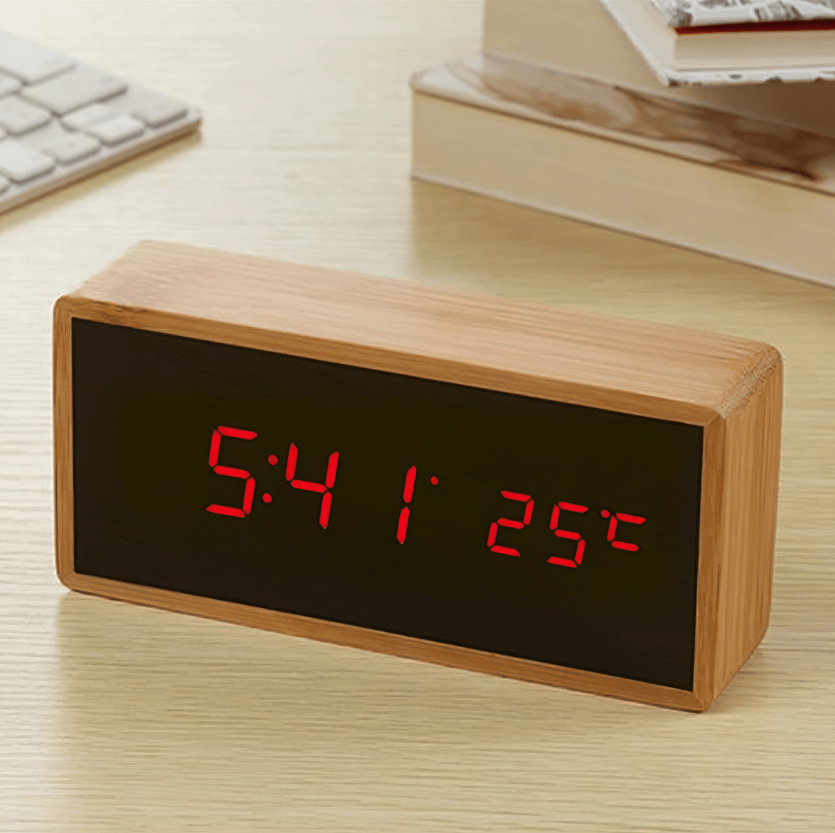 Norvo | ECOCLOCK – Bamboo LED Vekkerklokke med Tid og Temperaturvisning