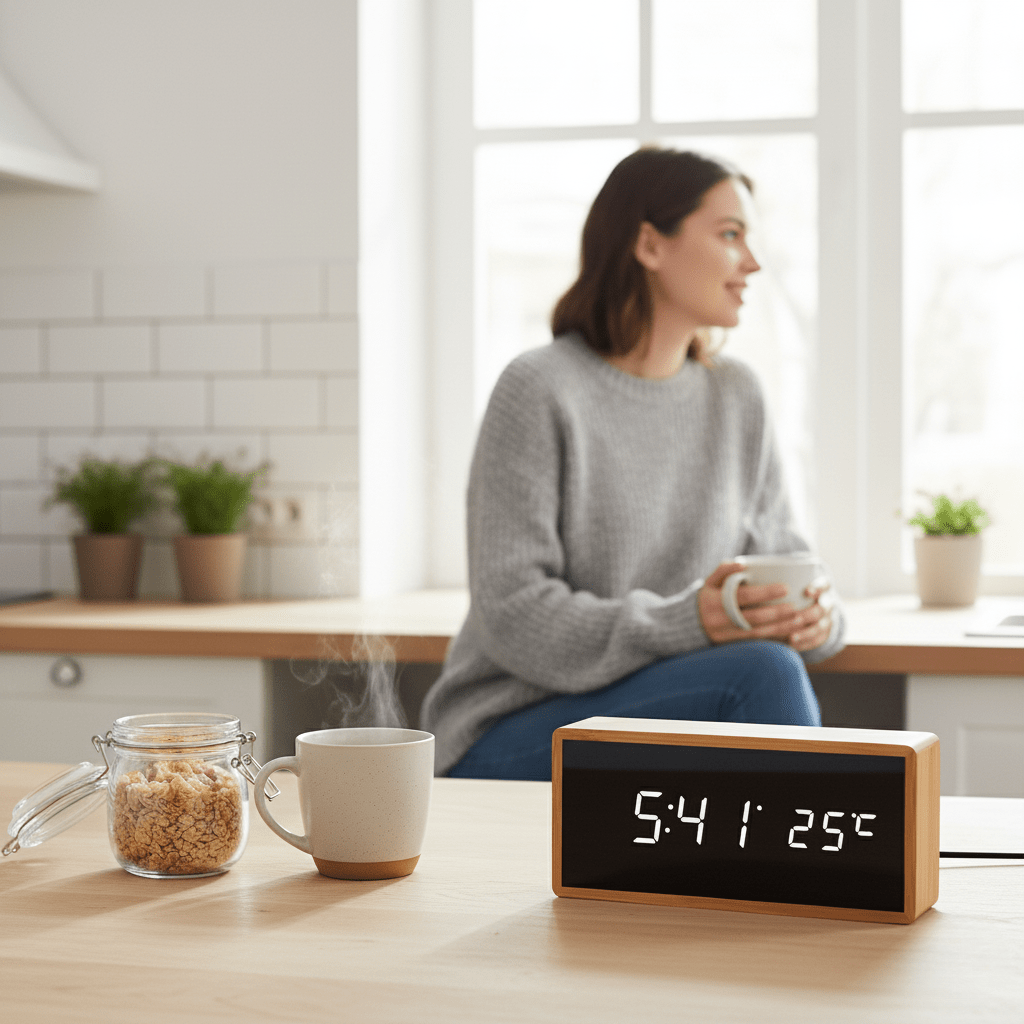 Norvo | ECOCLOCK – Bamboo LED Vekkerklokke med Tid og Temperaturvisning