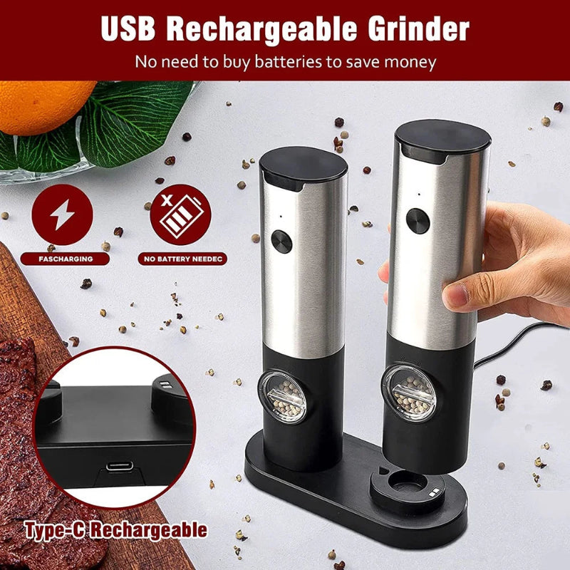 Elektrisk salt pepperkvern sett USB oppladbar automatisk krydderkvern | Norvo