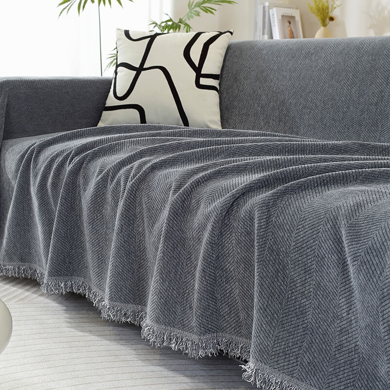 Norvo | Chenille Sofa Cover Herringbone Tassel Design