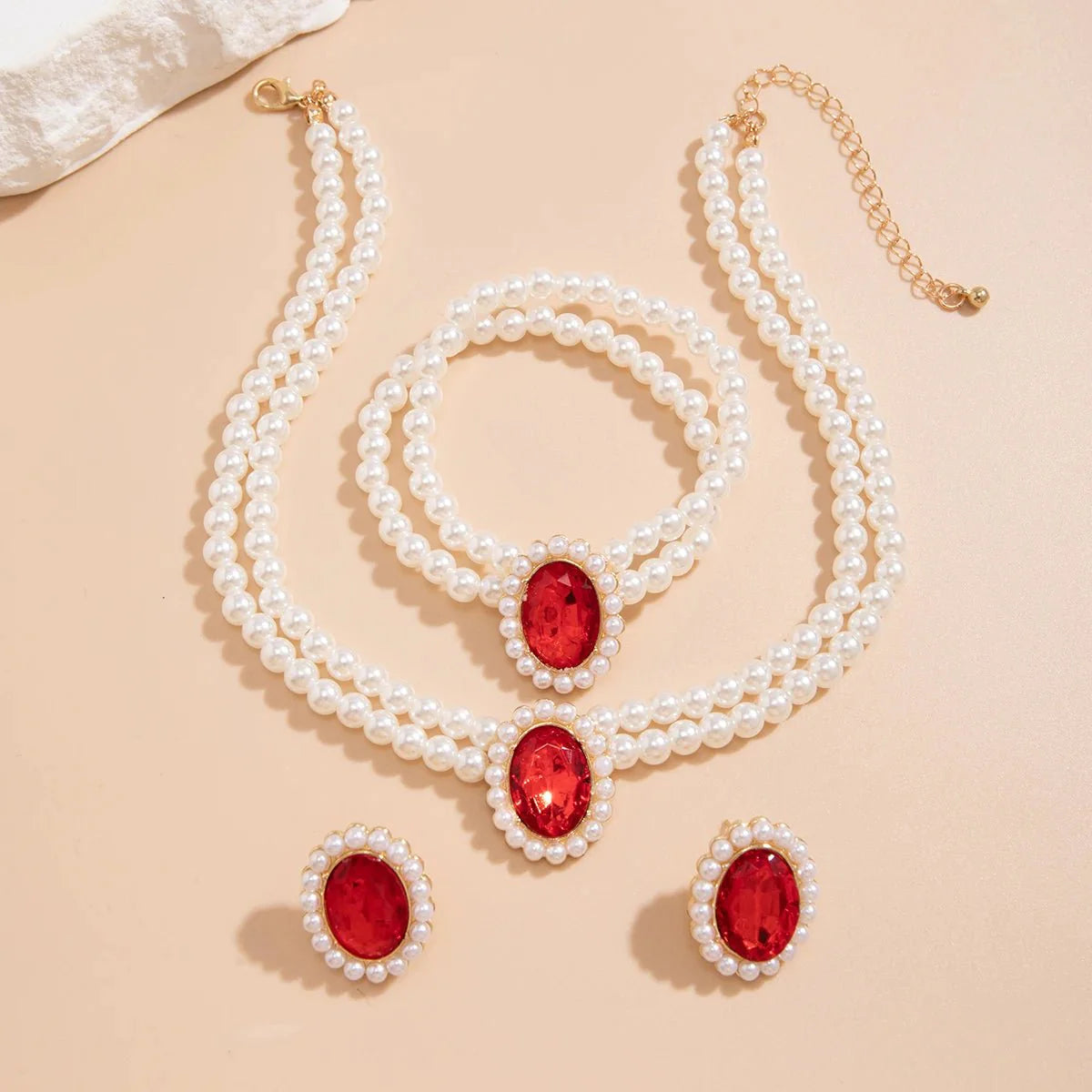 Norvo | Elegant Oval Diamond Pearl Necklace, Bracelet, Earrings Set
