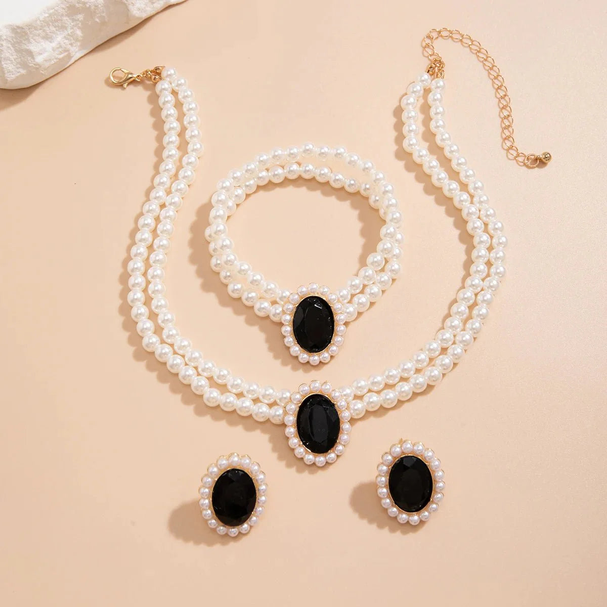 Norvo | Elegant Oval Diamond Pearl Necklace, Bracelet, Earrings Set
