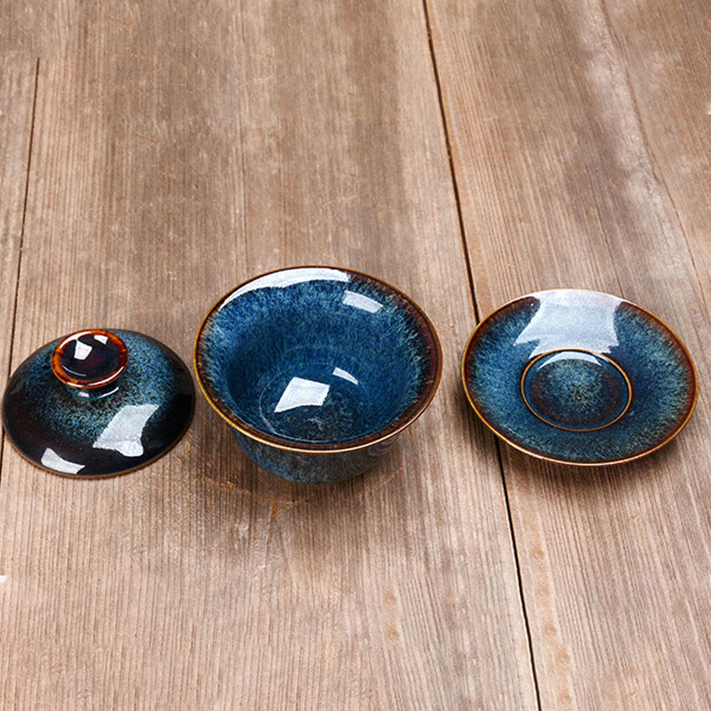 Norvo | Vintage Brennovn Keramisk Gaiwan Sancai Tekopp Tekopp og Tallerken med Lokk