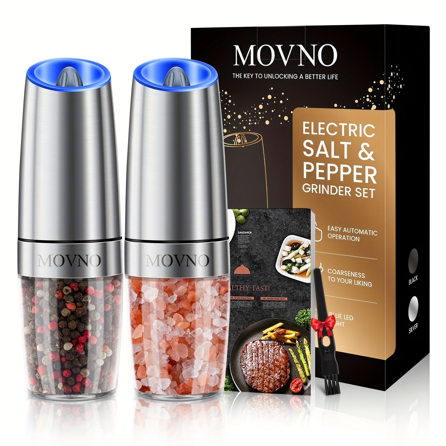 Norvo | Gravity Elektrisk Salt- og Pepperkvern Sett: Batteridrevet med LED-lampe, en-hånds automatisk betjening, justerbar grovhet, svart - Kjøkken Gadget Gaveidé