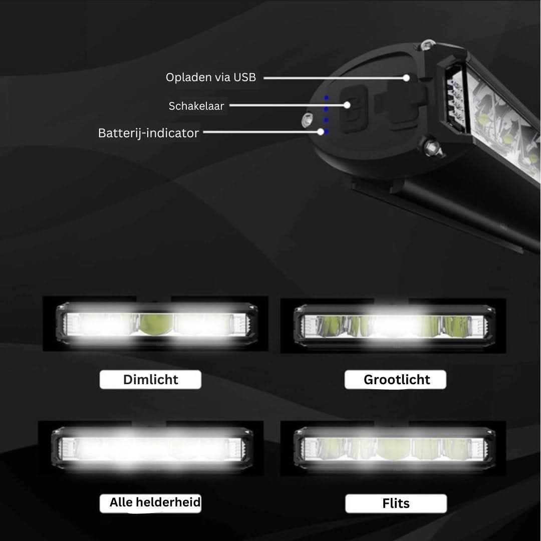 Oppladbart sykkellys 1400 lumen – Vanntett med flere lysmodi | Norvo