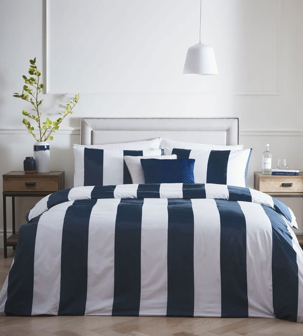 Luksus Marineblå Bomullsstripete Sengetøy Sete