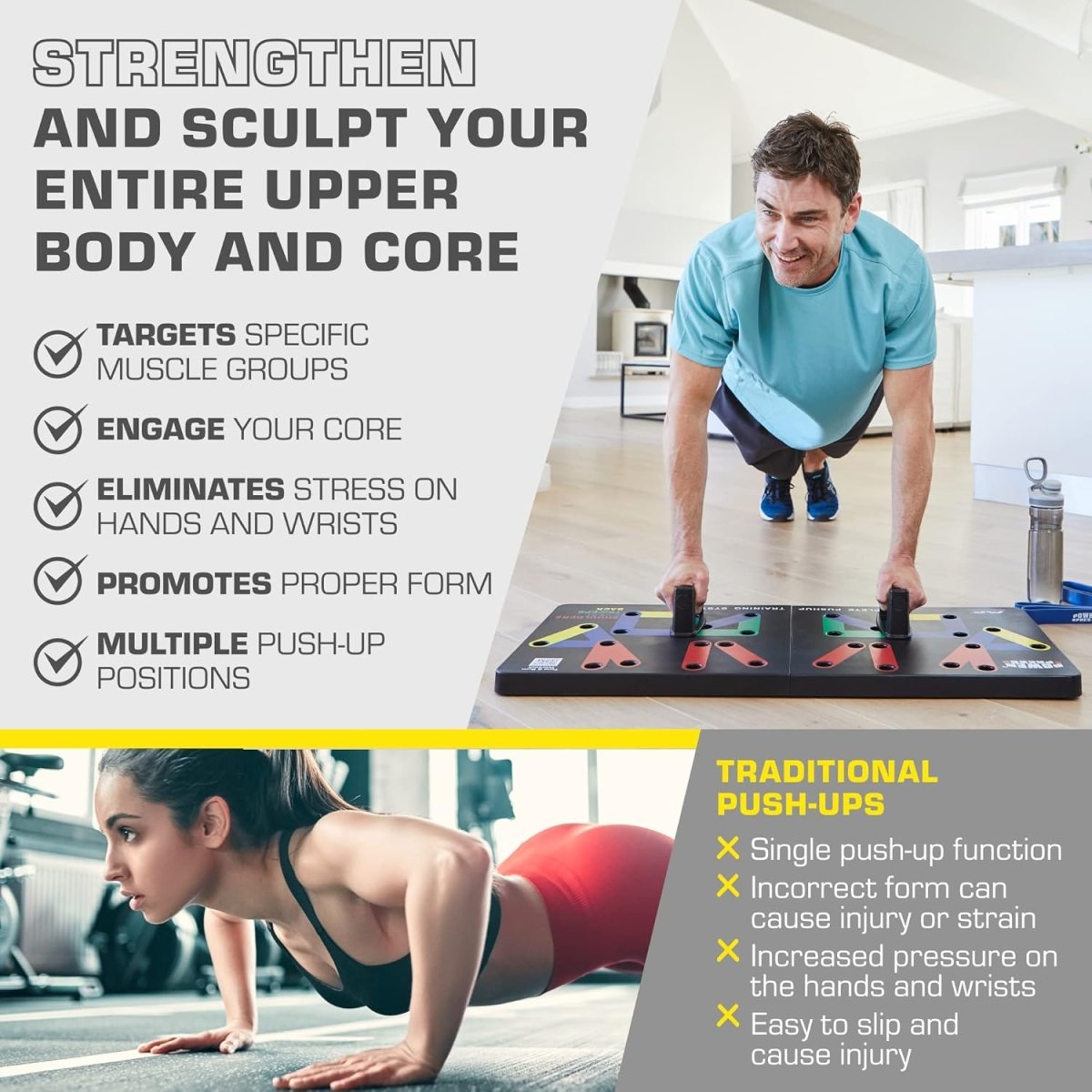 Norvo | Flexifit Sammenleggbar Push-Up Treningsbrett – 30+ Fargekodede Posjoner – Fullkropp Styrketrening – Bryst, Armer, Skuldre Trening