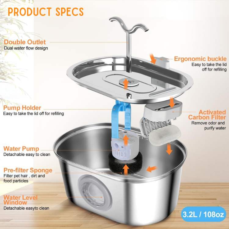 Norvo | Pet Water Fountain | Silent Operation, Durable Stainless Steel & Ideal for Cats and Dogs