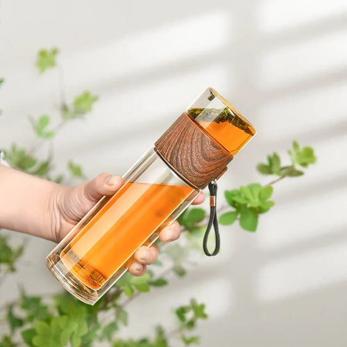 Norvo | Termosflaske med tefilter – Glass & Tre – Dobbelvegg – 500 ml – KlarTherm