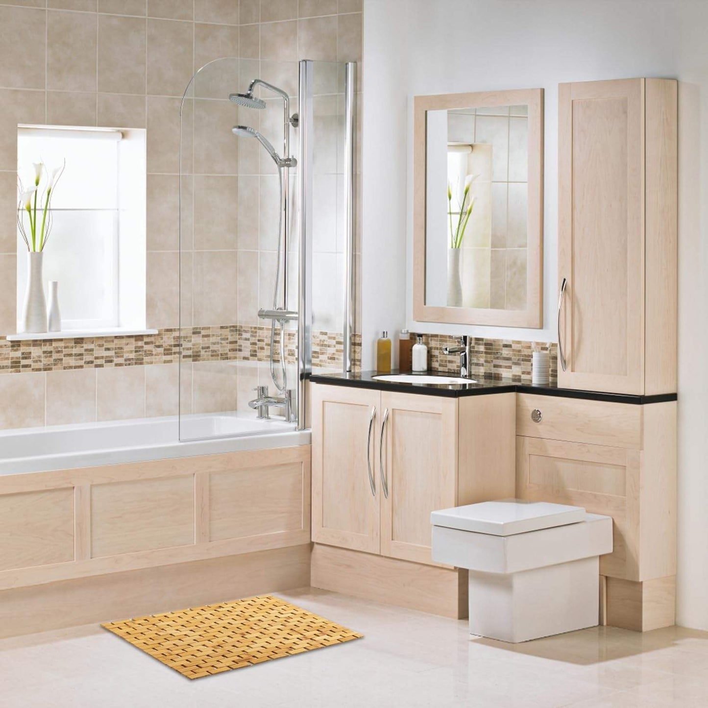 Norvo | Bambus BadeMatte Skli sikker Vannavvisende Løper Teppet For Bad Natural Tre BadeDusj Teppe Skli sikker Stoff