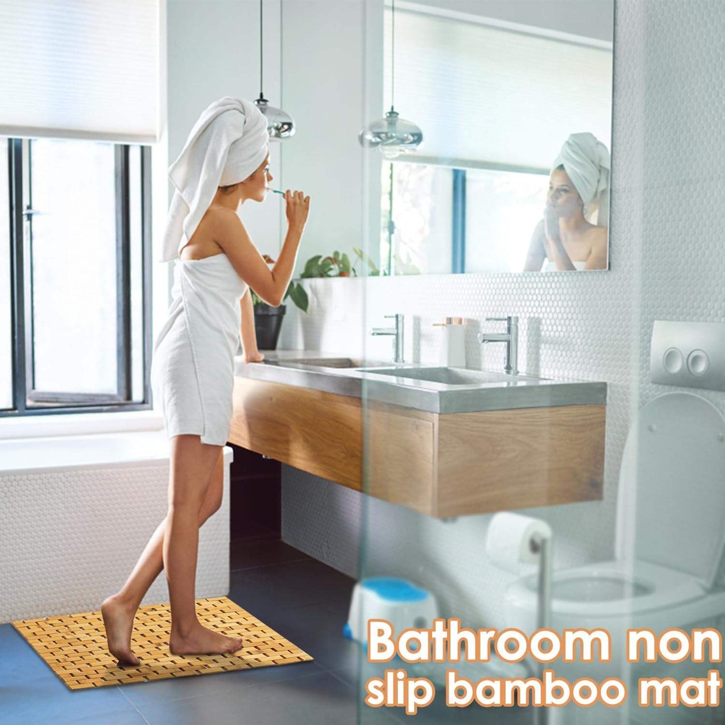 Norvo | Bambus BadeMatte Skli sikker Vannavvisende Løper Teppet For Bad Natural Tre BadeDusj Teppe Skli sikker Stoff