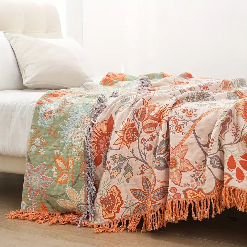 Norvo | Boho Floral Cotton Throw Blanket with Fringe – Krem & Oransje