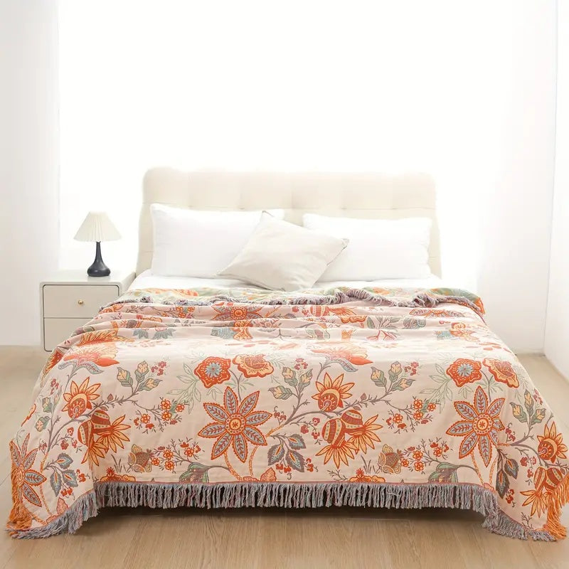 Norvo | Boho Floral Cotton Throw Blanket with Fringe – Krem & Oransje