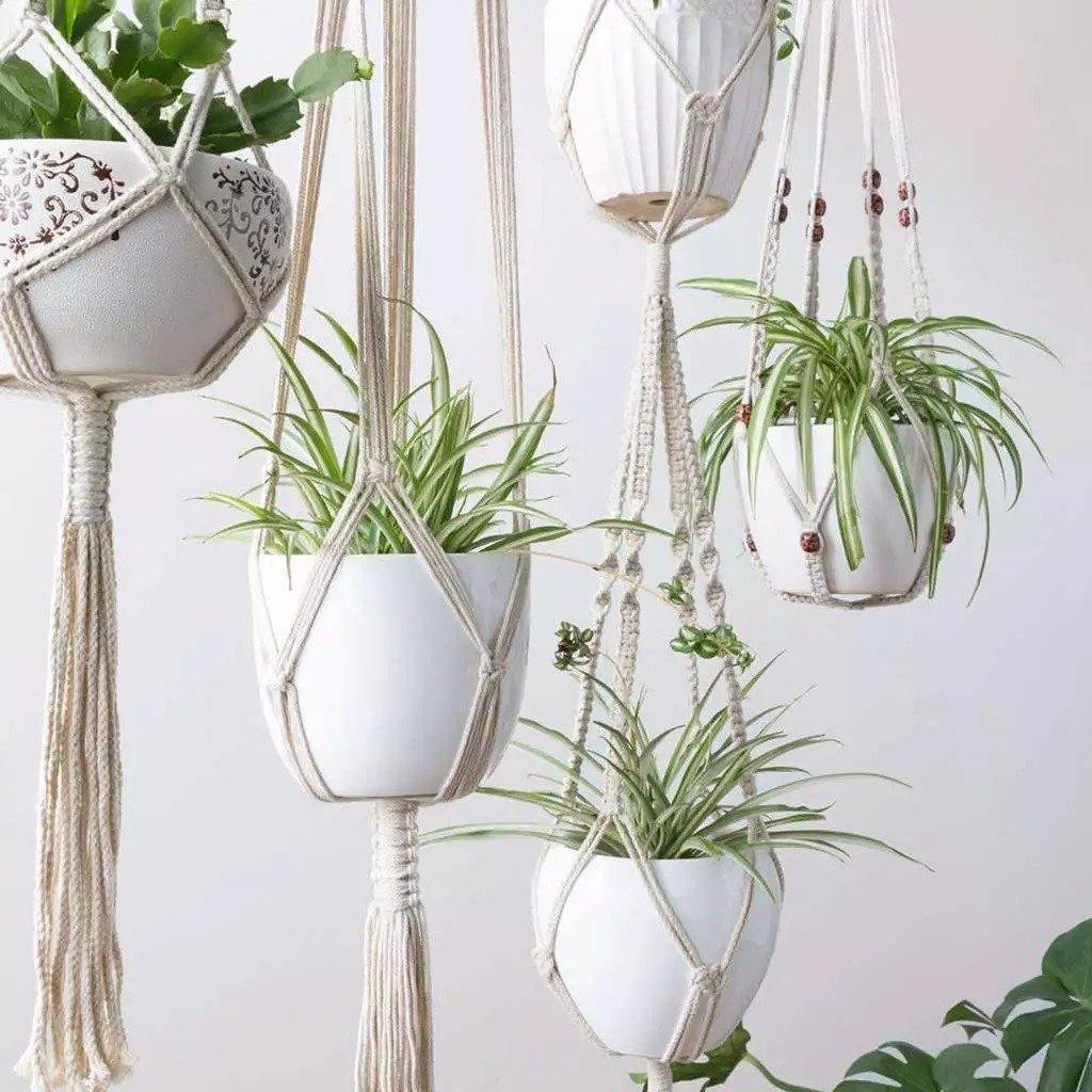 Norvo | 4-delt håndlaget Boho makramee planteholder sett