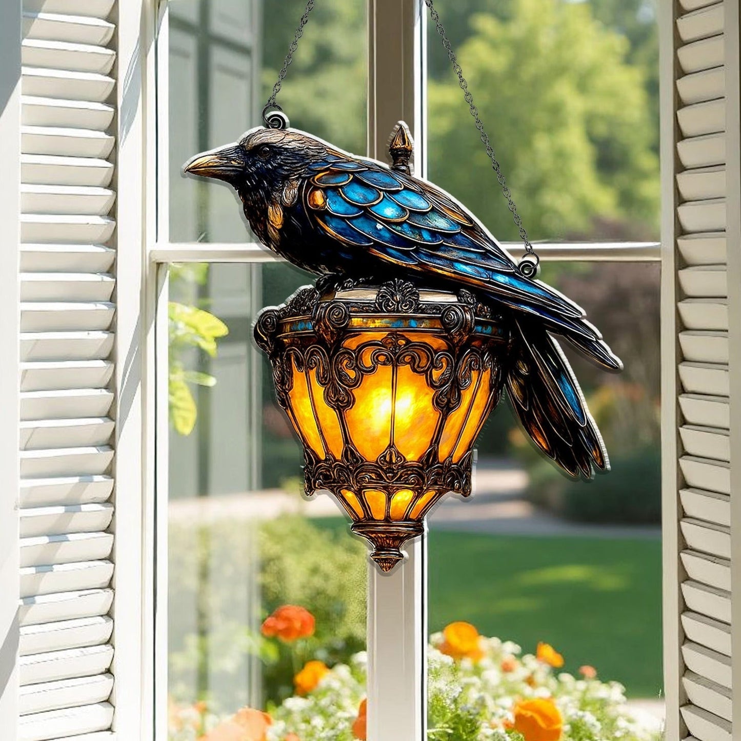 Norvo | Crow Pendant Lantern | Håndmalt Gotisk Dekor | Amber Glass & Metall Hengende Lys