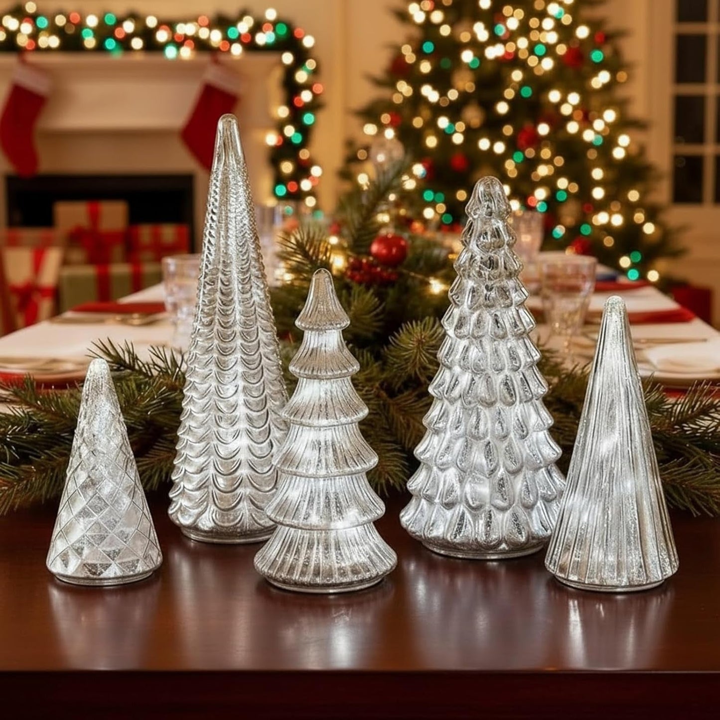 Norvo | GlansPine LED Furu Sett – 5-delt Sølv Juledekorasjon med Varmt Lys