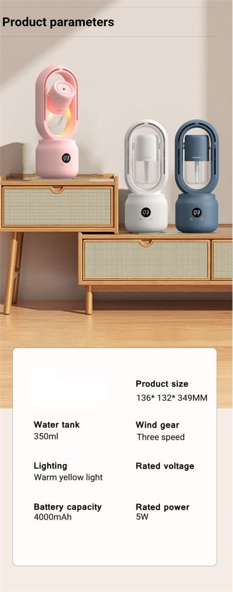 Norvo | Bærbar vifte uten blader med luftfukter og nattlys for forfriskende komfort