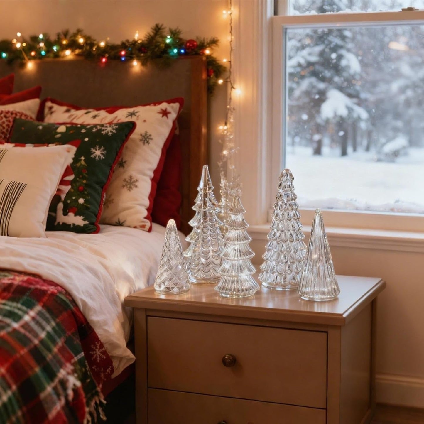 Norvo | GlansPine LED Furu Sett – 5-delt Sølv Juledekorasjon med Varmt Lys