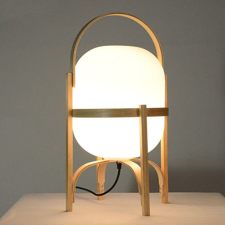 Japansk Tre Nattbordlampe med Glass Stein Skjerm | Norvo