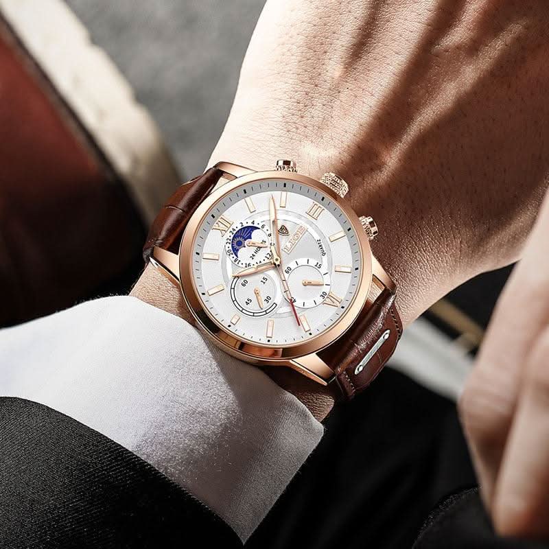 Norvo | Herres stålklokke med lærrem og dato