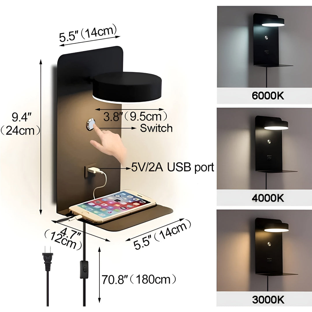 Norvo | ChargeBright Luxe LED Vegglampe med USB-ladeport - Moderne svart-hvitt design