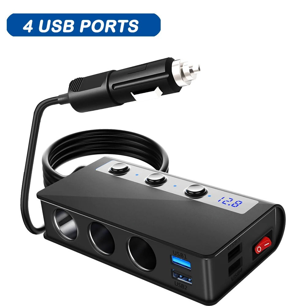 Norvo | 4-Port Bil Hurtigladeradapter - Sigarettenneruttak & USB-porter