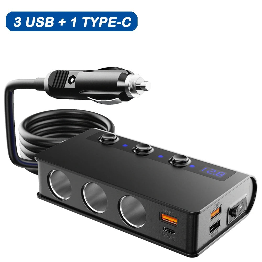 Norvo | 4-Port Bil Hurtigladeradapter - Sigarettenneruttak & USB-porter