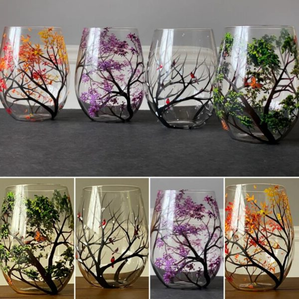 Norvo | Four Seasons Tree Wine Glasses – Håndmalt Kunst