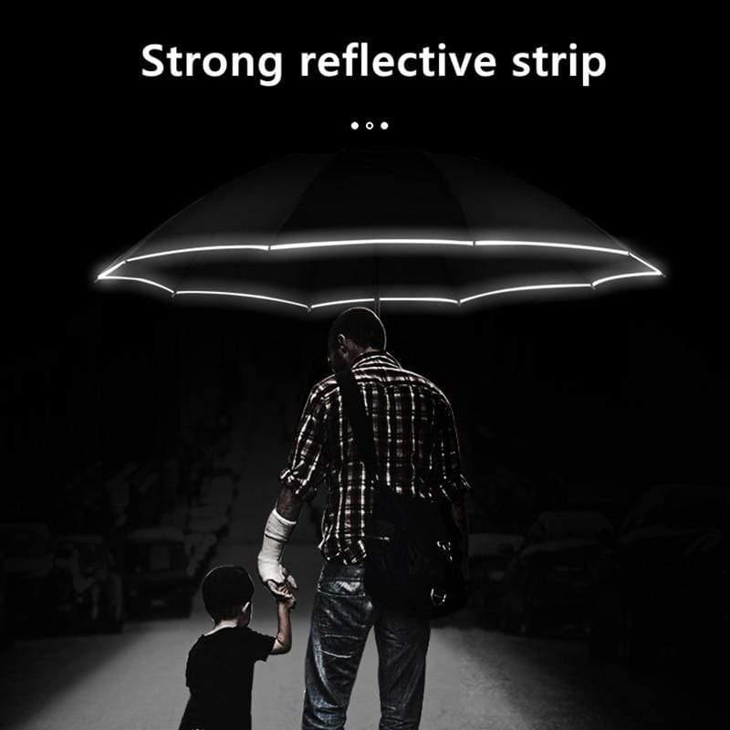 Norvo | Automatisk reversibel LED-lys paraply med refleksbånd, trefoldig sammenleggbart, invertert, 10 ribber, vindtett paraplyer for reise