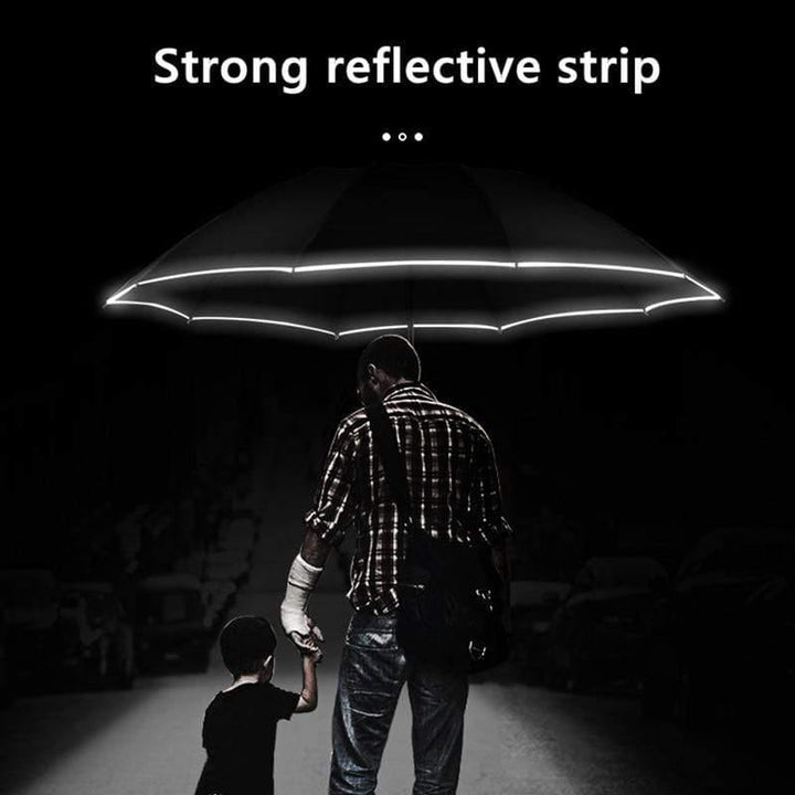 Norvo | Automatisk reversibel LED-lys paraply med refleksbånd, trefoldig sammenleggbart, invertert, 10 ribber, vindtett paraplyer for reise