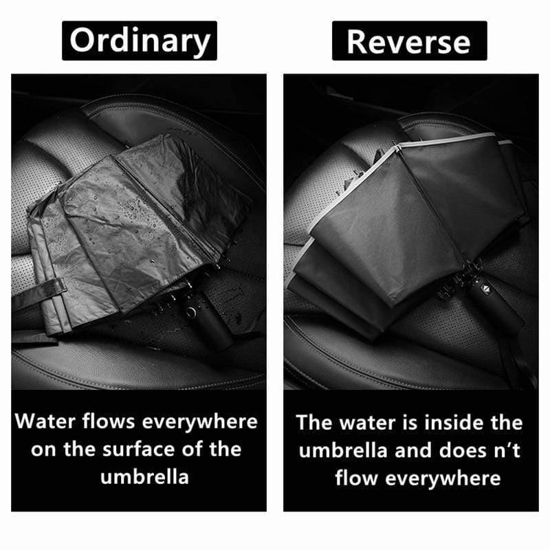 Norvo | Automatisk reversibel LED-lys paraply med refleksbånd, trefoldig sammenleggbart, invertert, 10 ribber, vindtett paraplyer for reise
