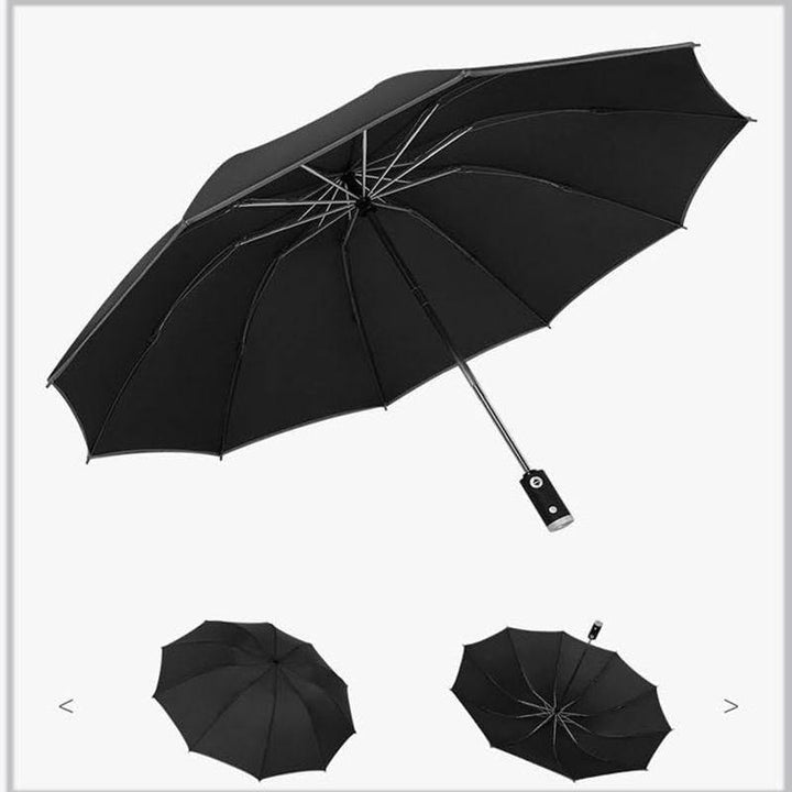 Norvo | Automatisk reversibel LED-lys paraply med refleksbånd, trefoldig sammenleggbart, invertert, 10 ribber, vindtett paraplyer for reise
