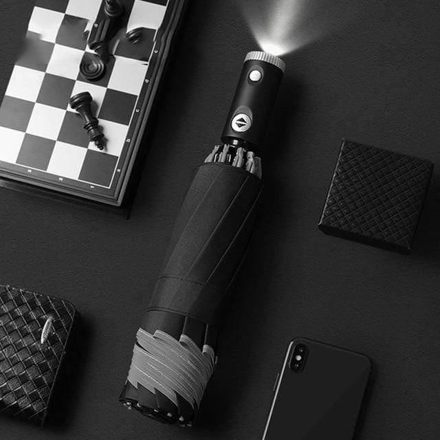 Norvo | Automatisk reversibel LED-lys paraply med refleksbånd, trefoldig sammenleggbart, invertert, 10 ribber, vindtett paraplyer for reise