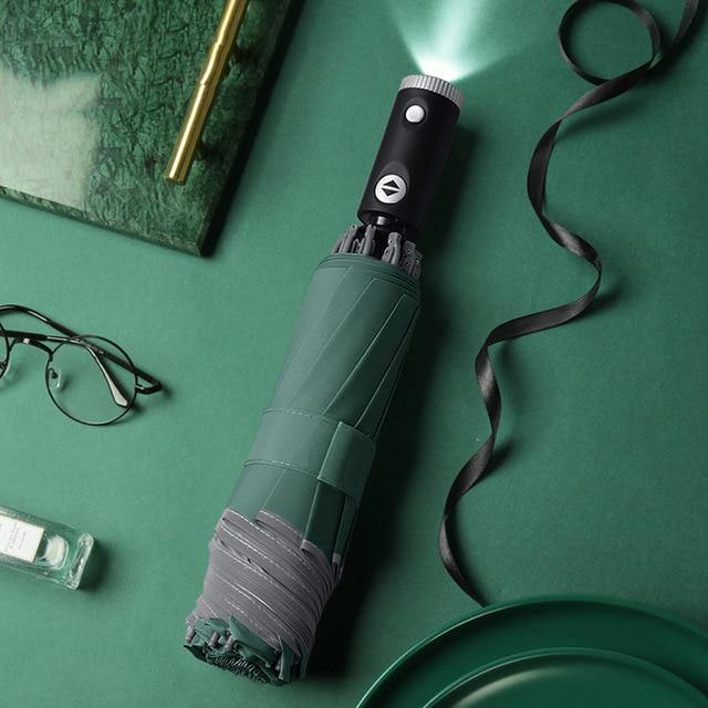 Norvo | Automatisk reversibel LED-lys paraply med refleksbånd, trefoldig sammenleggbart, invertert, 10 ribber, vindtett paraplyer for reise