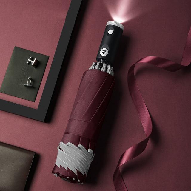 Norvo | Automatisk reversibel LED-lys paraply med refleksbånd, trefoldig sammenleggbart, invertert, 10 ribber, vindtett paraplyer for reise