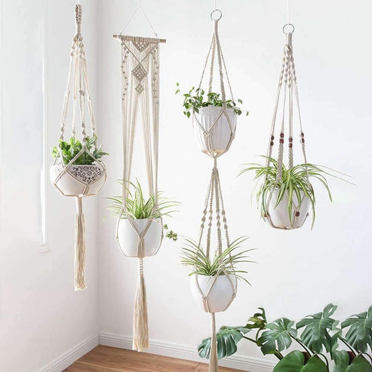 Norvo | 4-delt håndlaget Boho makramee planteholder sett