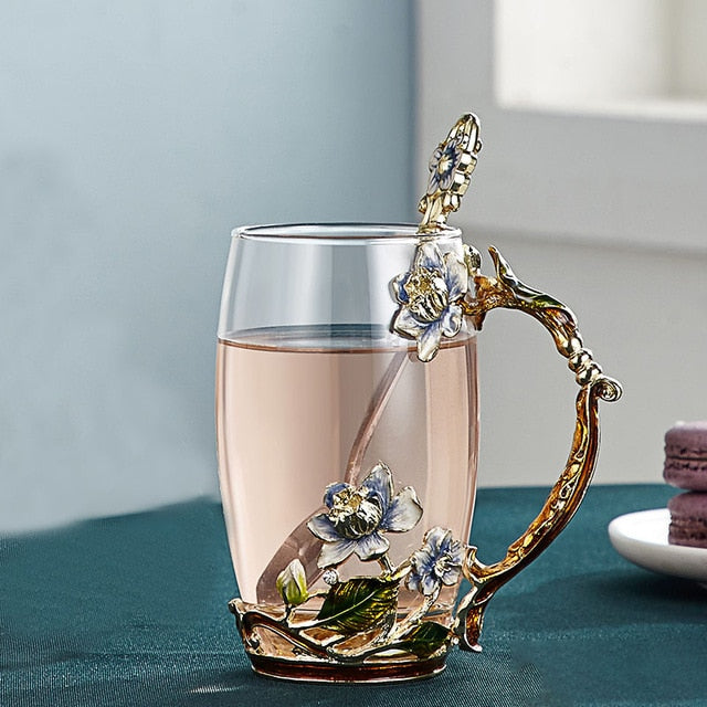 Norvo | Håndlagd emalje blomster glasskrus for par kjærlighetsgave kan servere kaffe, smaksatt te eller til og med sitronsaft i