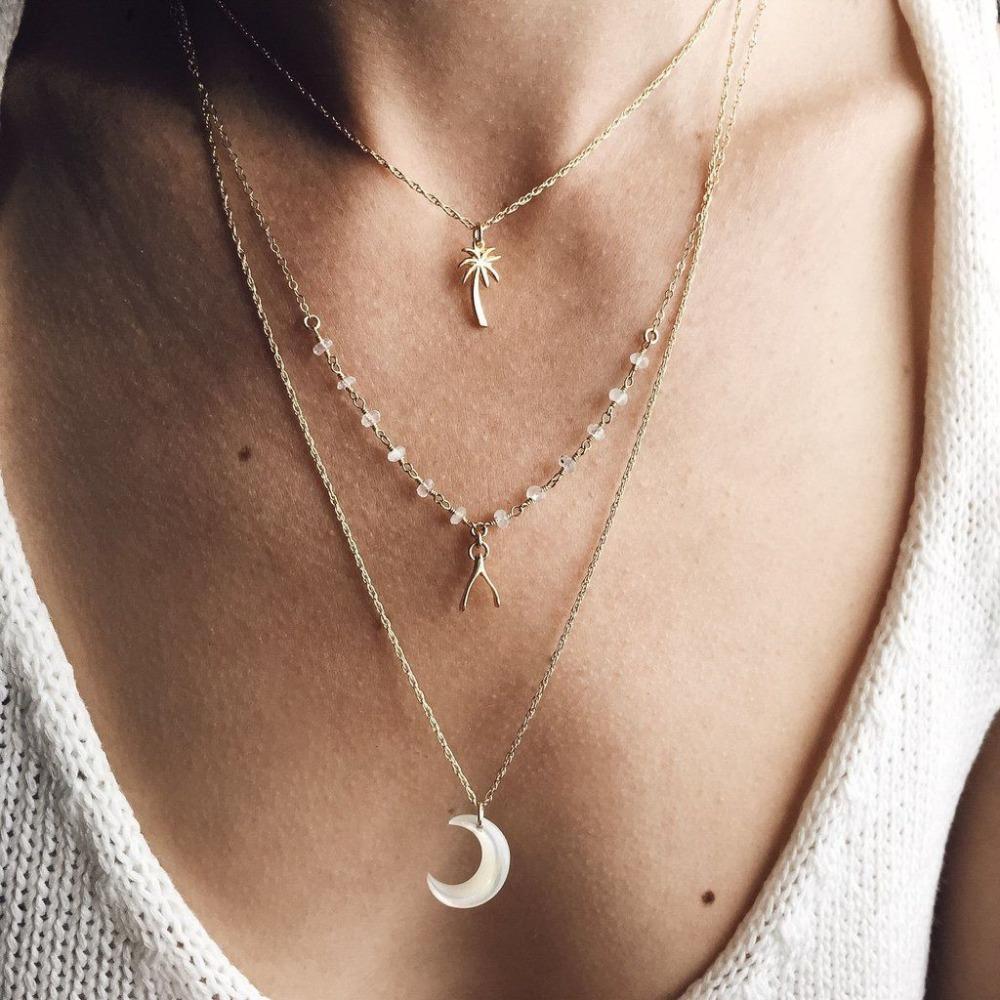 Multi Lagd Boho Kokosnøtt Tre, Ønskeben, Måne Anheng Halskjede | Norvo