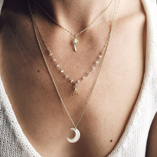 Multi Lagd Boho Kokosnøtt Tre, Ønskeben, Måne Anheng Halskjede | Norvo