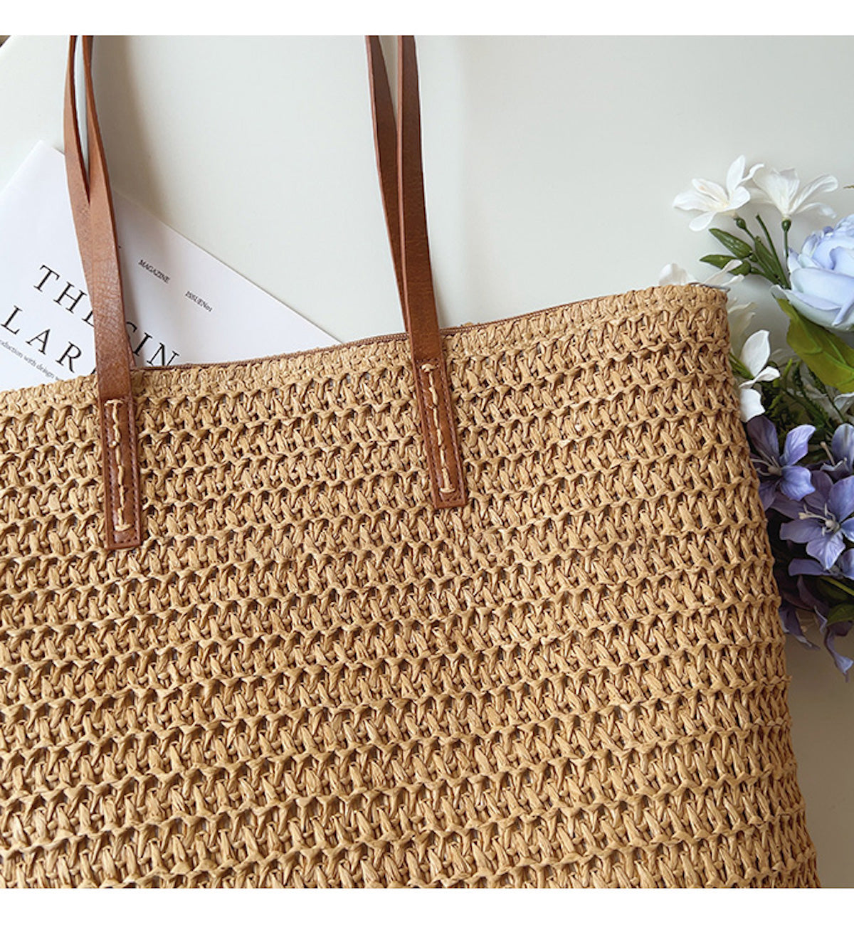 Norvo | Rattan Vevd Bag med Lærremmer - SummerBreeze Tote