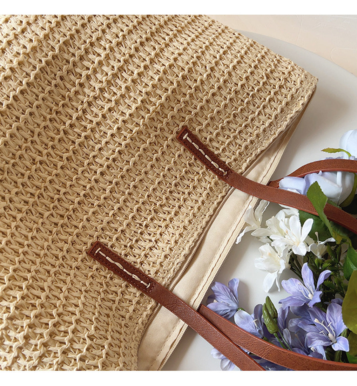 Norvo | Rattan Vevd Bag med Lærremmer - SummerBreeze Tote