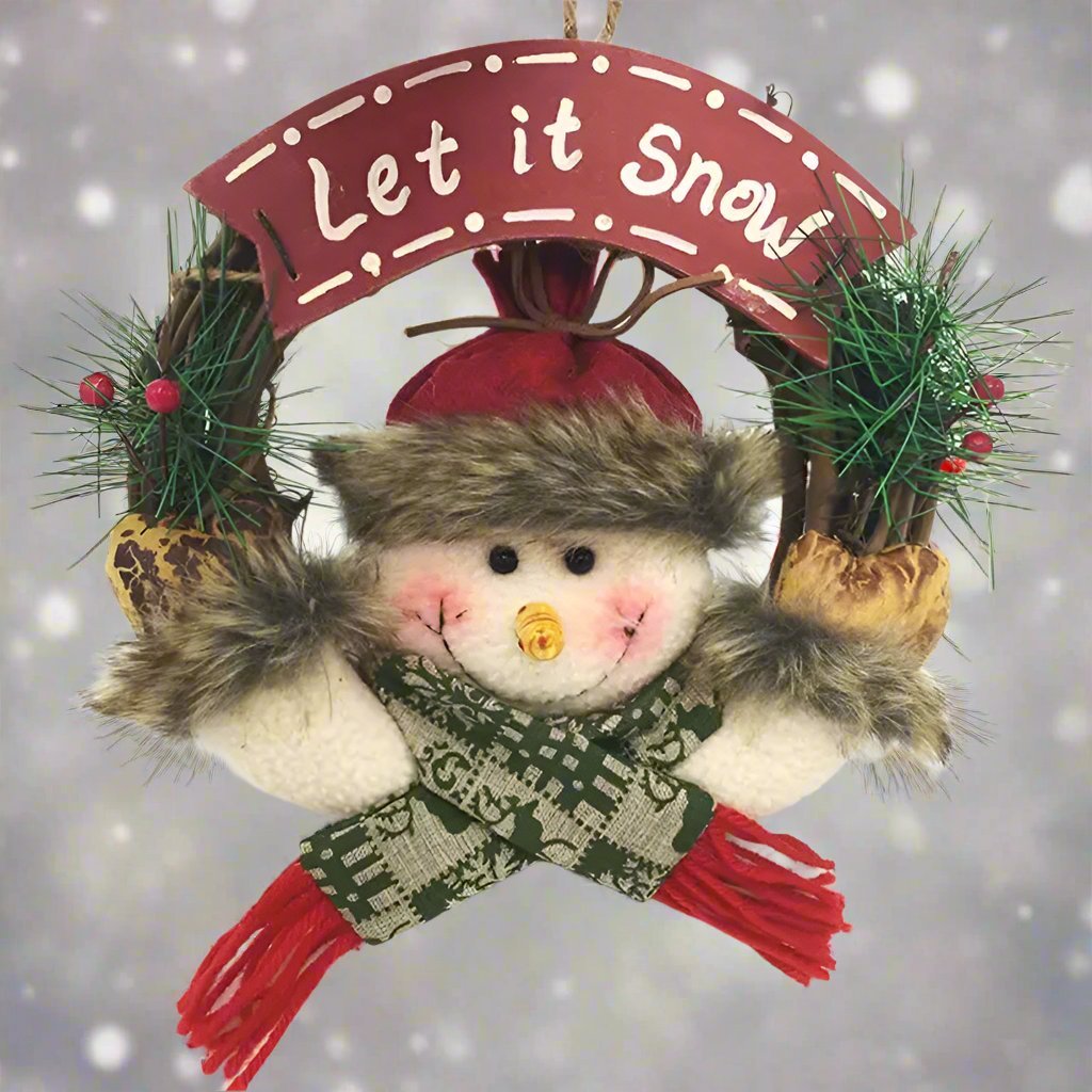 Norvo | Rustikk jul i tre og rattan krans med nissene, snømann og elg dukker – Fortryllende feriesjarm Perfekte festlige dørdekorasjoner