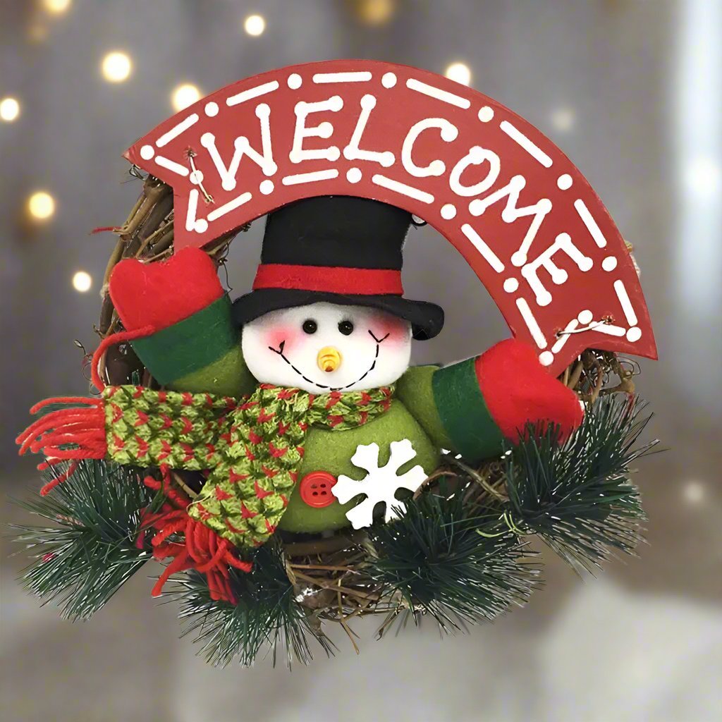 Norvo | Rustikk jul i tre og rattan krans med nissene, snømann og elg dukker – Fortryllende feriesjarm Perfekte festlige dørdekorasjoner