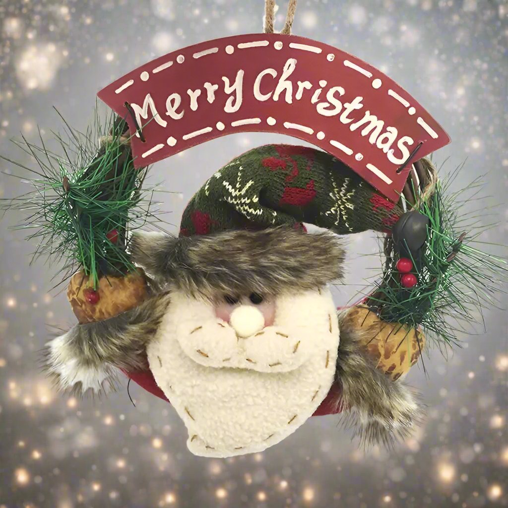 Norvo | Rustikk jul i tre og rattan krans med nissene, snømann og elg dukker – Fortryllende feriesjarm Perfekte festlige dørdekorasjoner