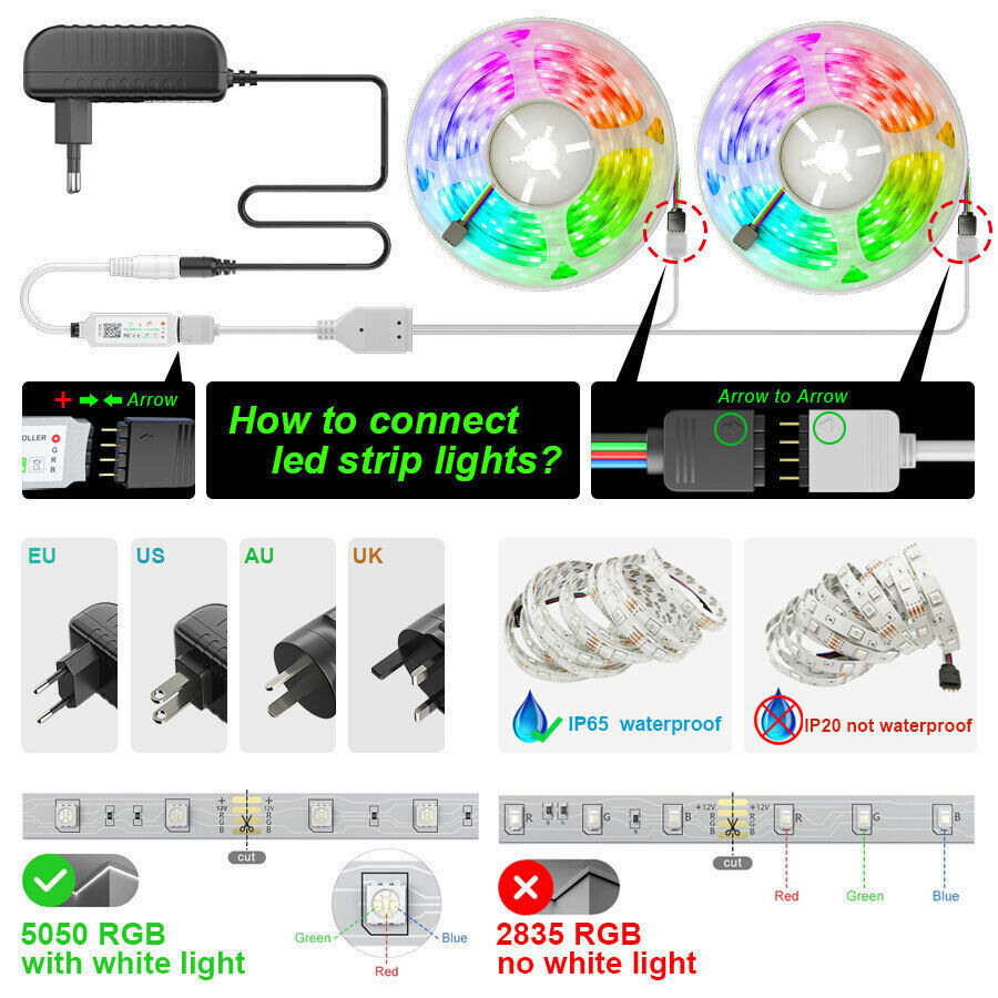 Norvo | LED Lyslist, 30 m, 15 m, Musikk Synkronisering, Bluetooth, 5050, RGB Ambient Lys med Fjernkontroll