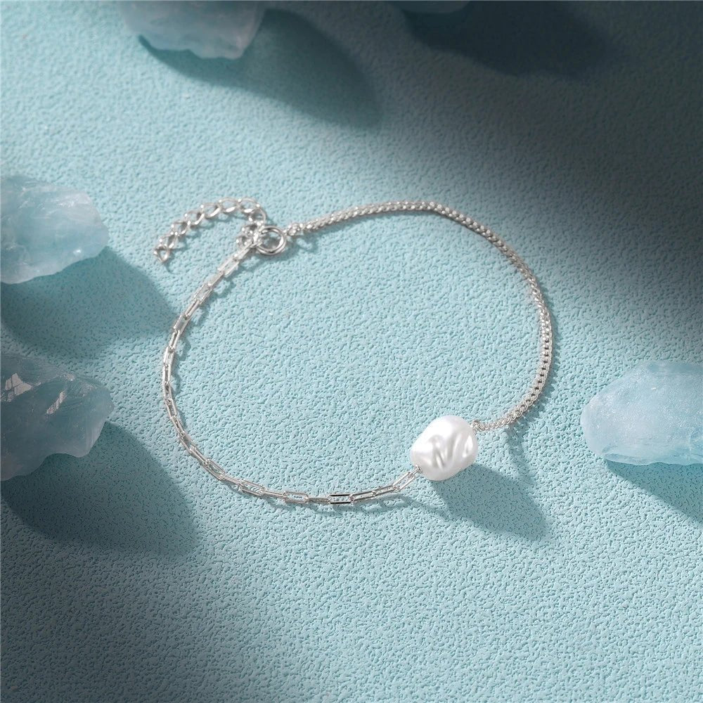 Norvo | S925 Perle Dainty Paperclip og Cuban Chain Armbånd