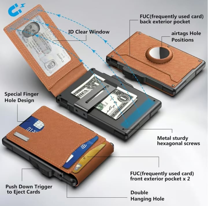 Norvo | 🔥Pop Up aluminiumsveske Pengeklips Slim Leather Slots Kredittkortholdere RFID Blocking Bifold Minimalist Wallet